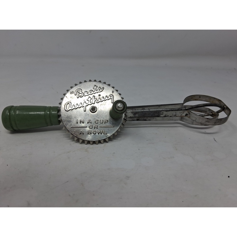 Antique A & J Green Handle Egg Beater Hand Mixer. K